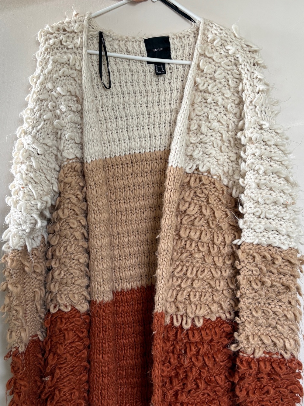 Forever 21 Cream, Tan & Rust Chunky Loop-Knit Open Cardigan